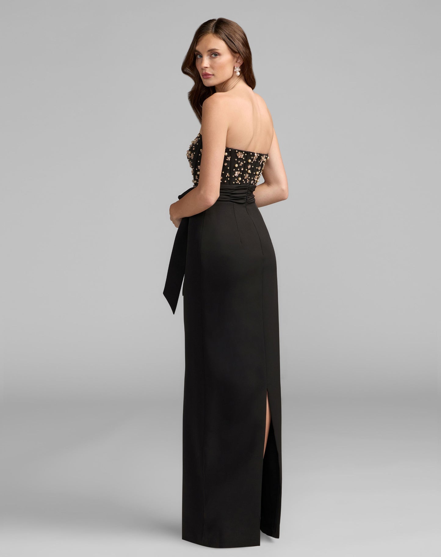 Black Strapless Embellished Bustier Gown with Bow - Ieena for Mac Duggal