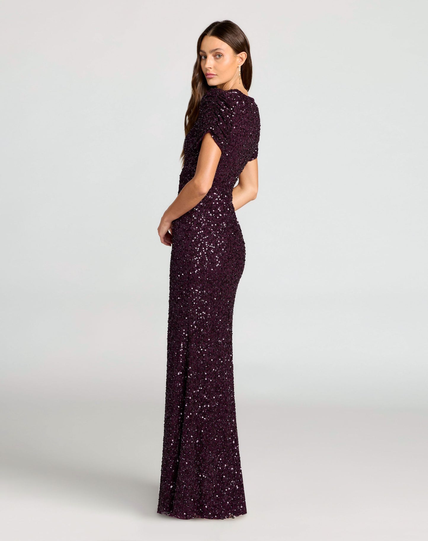 Dark Purple Gathered Short Sleeve Embellished Gown - Mac Duggal