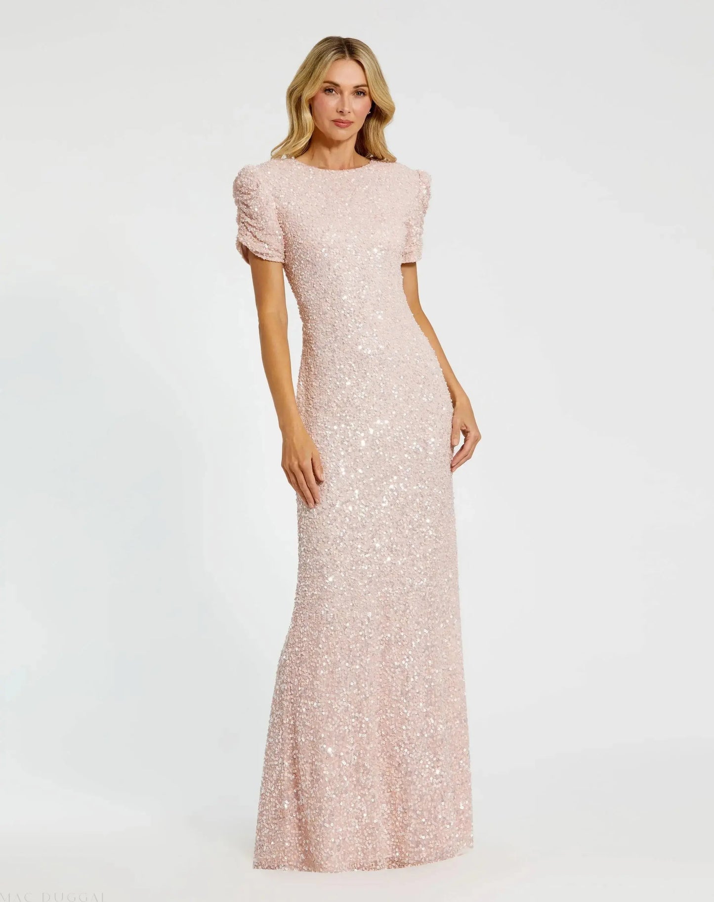Pink Gathered Short Sleeve Beaded Gown - Mac Duggal