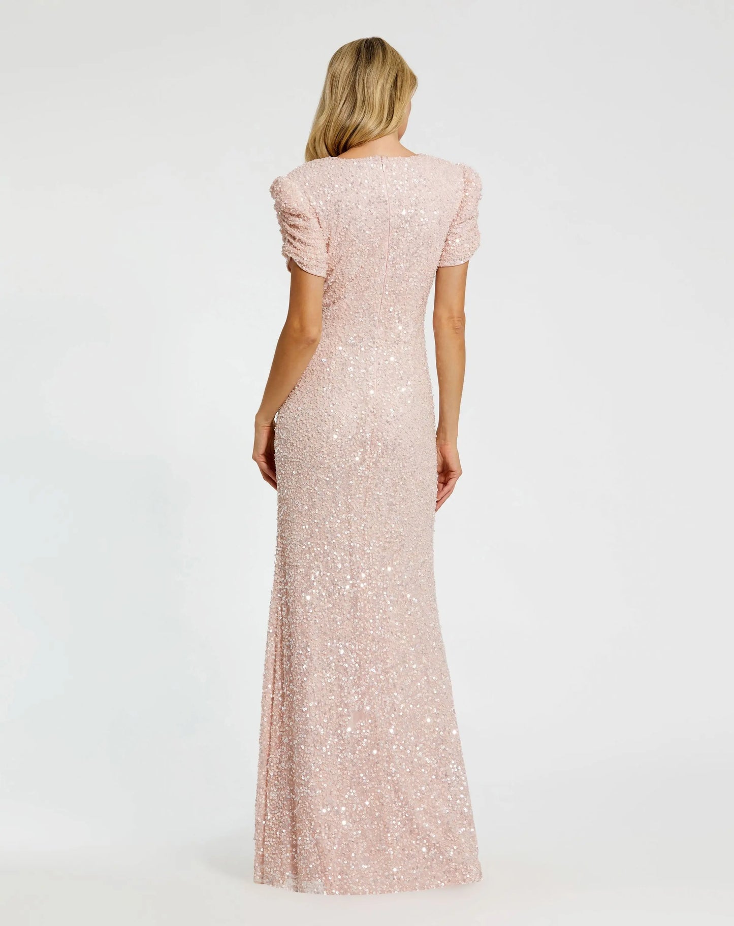 Pink Gathered Short Sleeve Beaded Gown - Mac Duggal