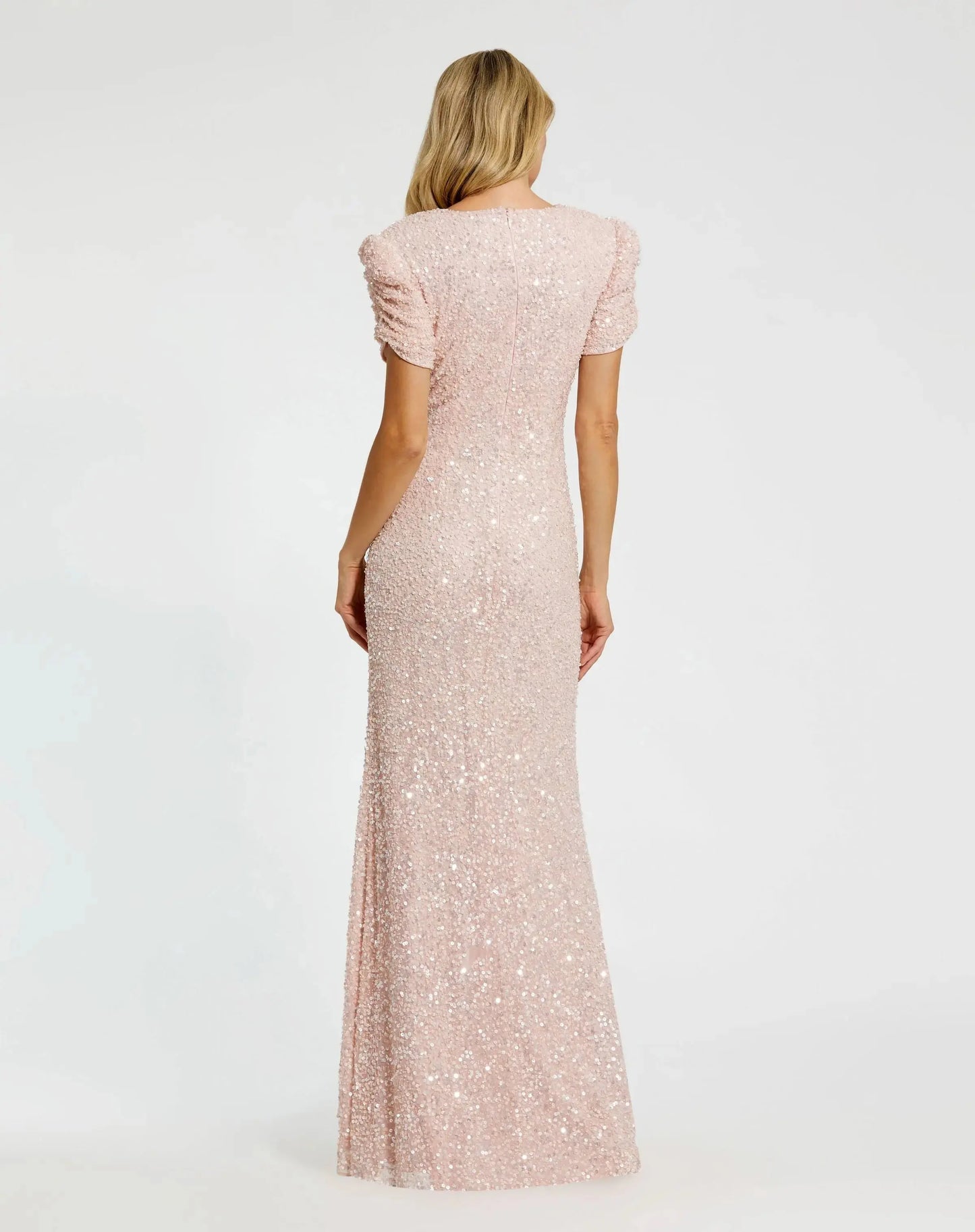 Pink Gathered Short Sleeve Beaded Gown - Mac Duggal