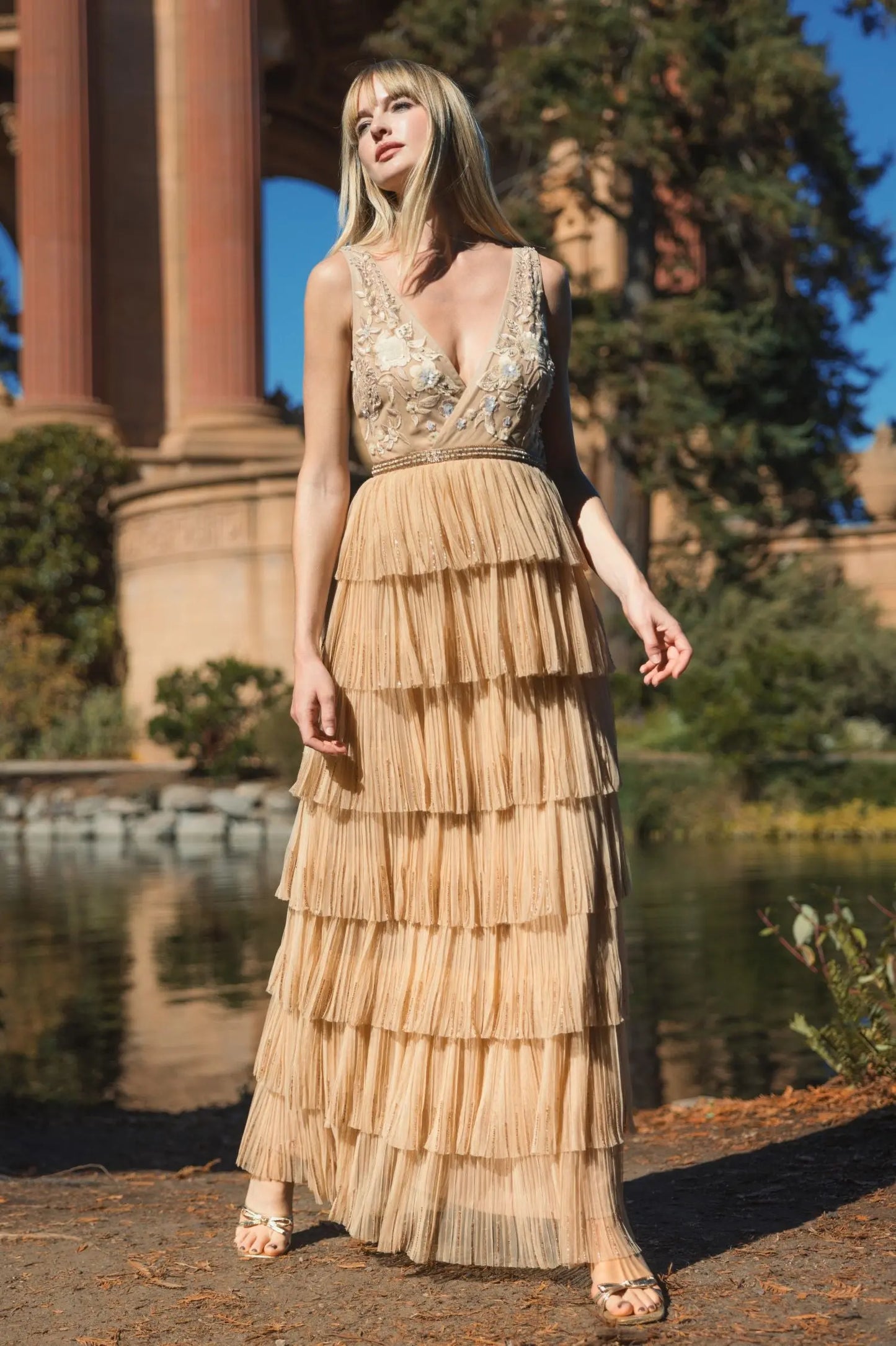 Beige Beaded Mesh V Neck Gown With Tiered Ruffles - Mac Duggal