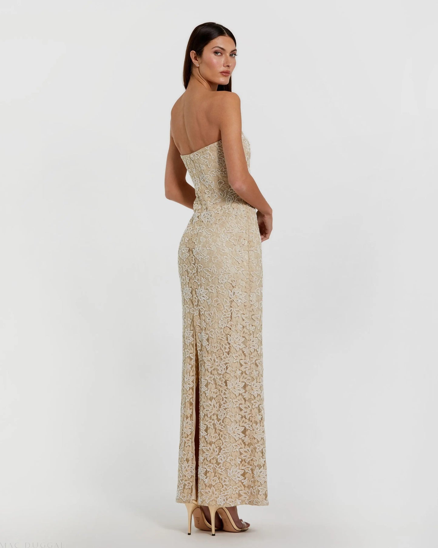 Beige Strapless Beaded Lace Fitted Column Gown - Mac Duggal