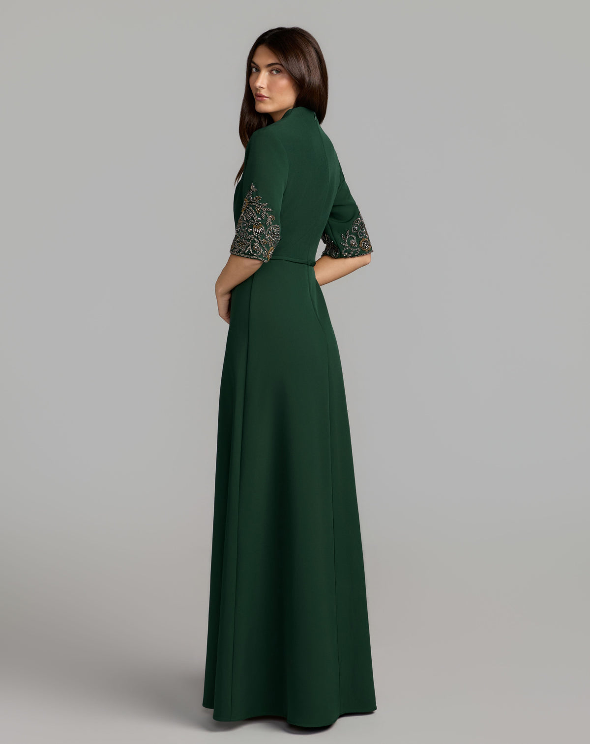 Deep Green Scoop Neck Beaded Sleeve Crepe Gown - Mac Duggal