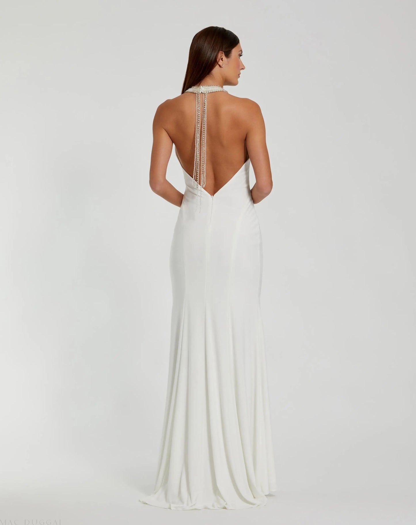 White Beaded Halter Jersey Gown - Mac Duggal