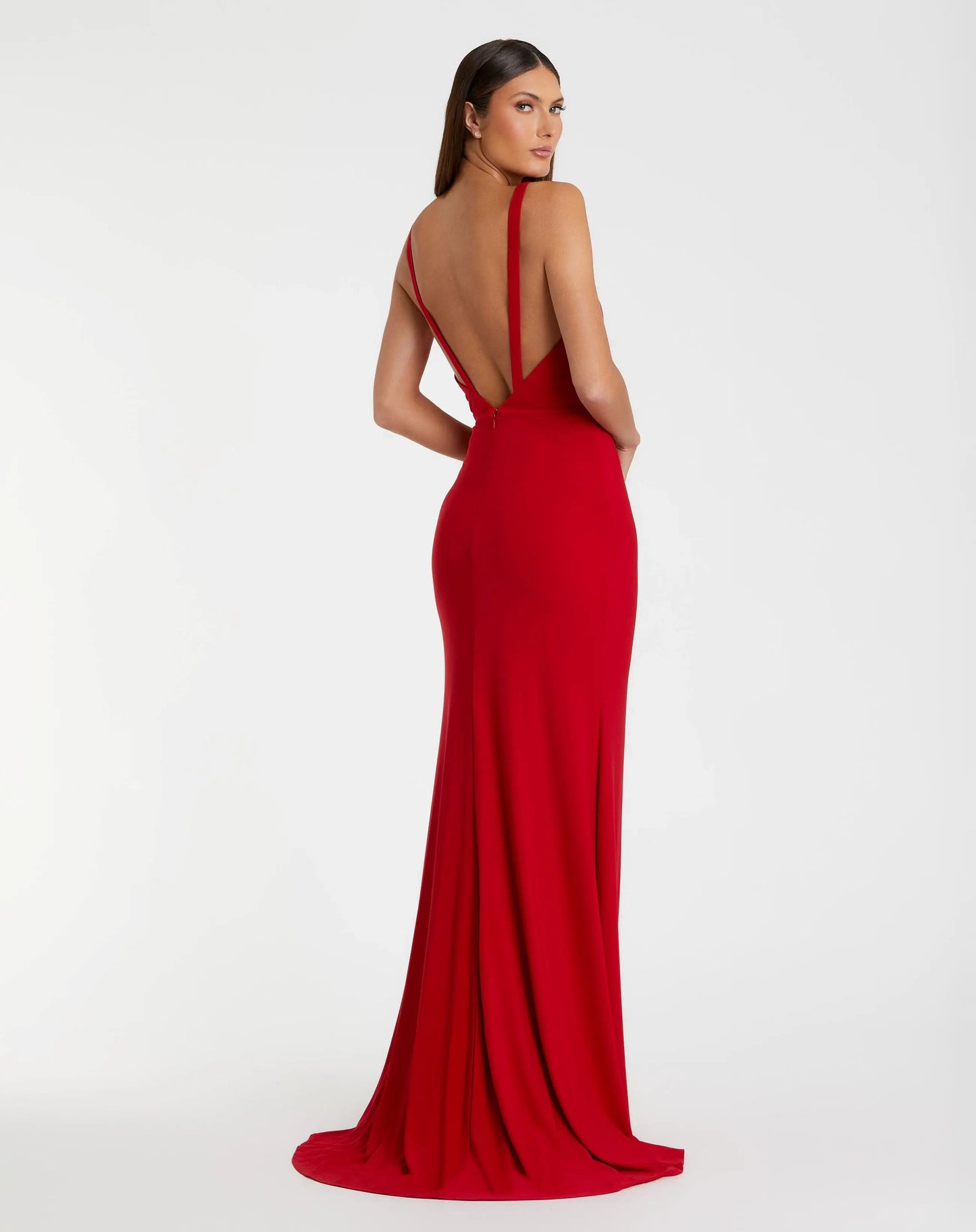 Red Plunge Neck High Slit Gown - Mac Duggal