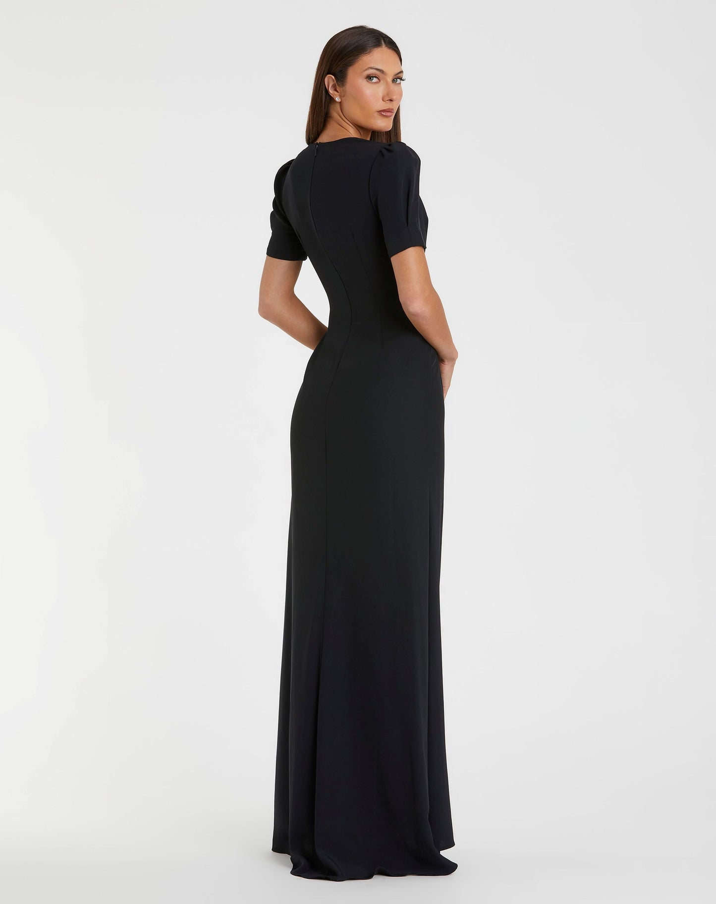 Black Plunge Neck Puff Sleeve Cut Out Gown Ieena for Mac Duggal