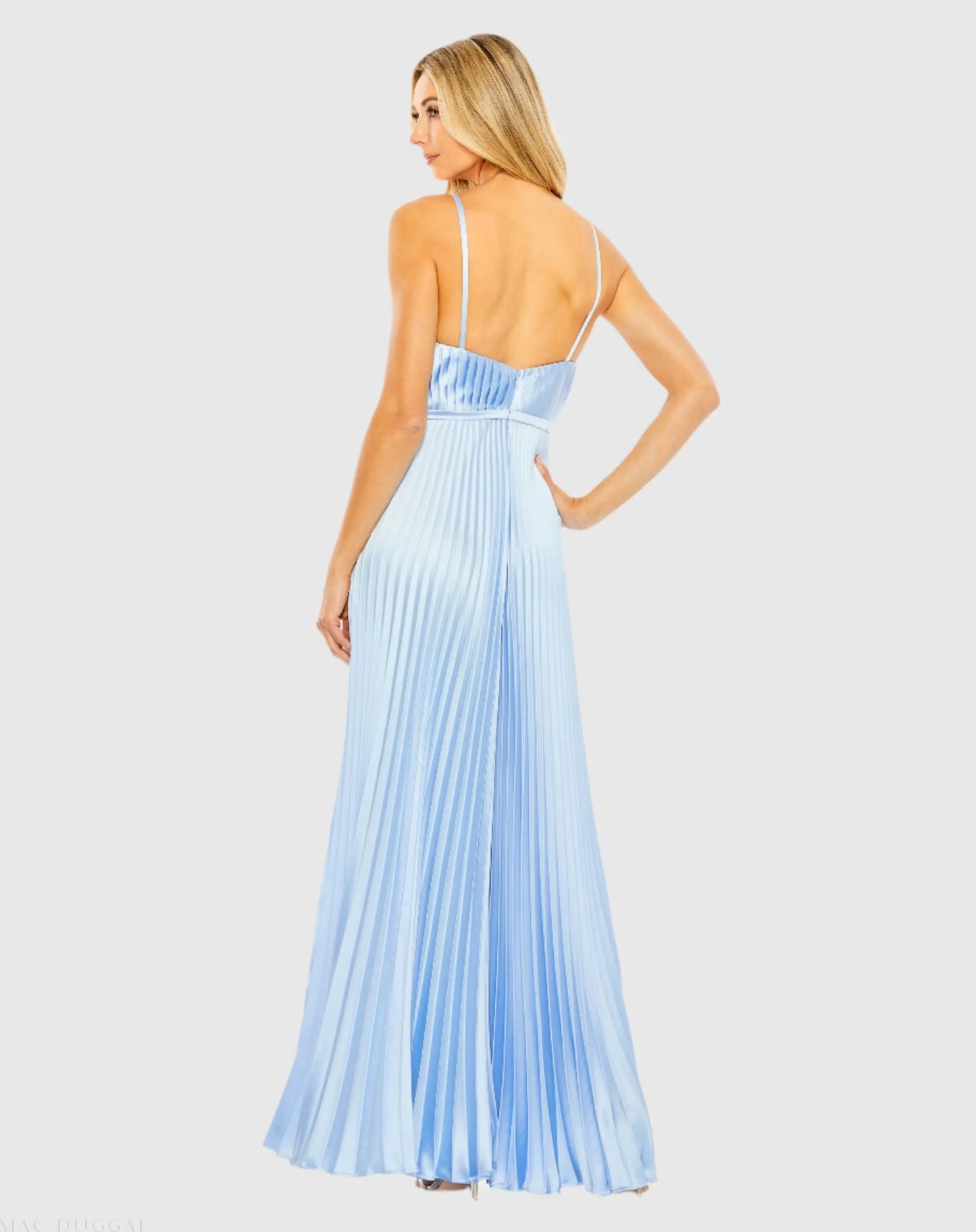 Light Blue Pleated Plunge Neck Wide Leg Jumpsuit - Mac Duggal