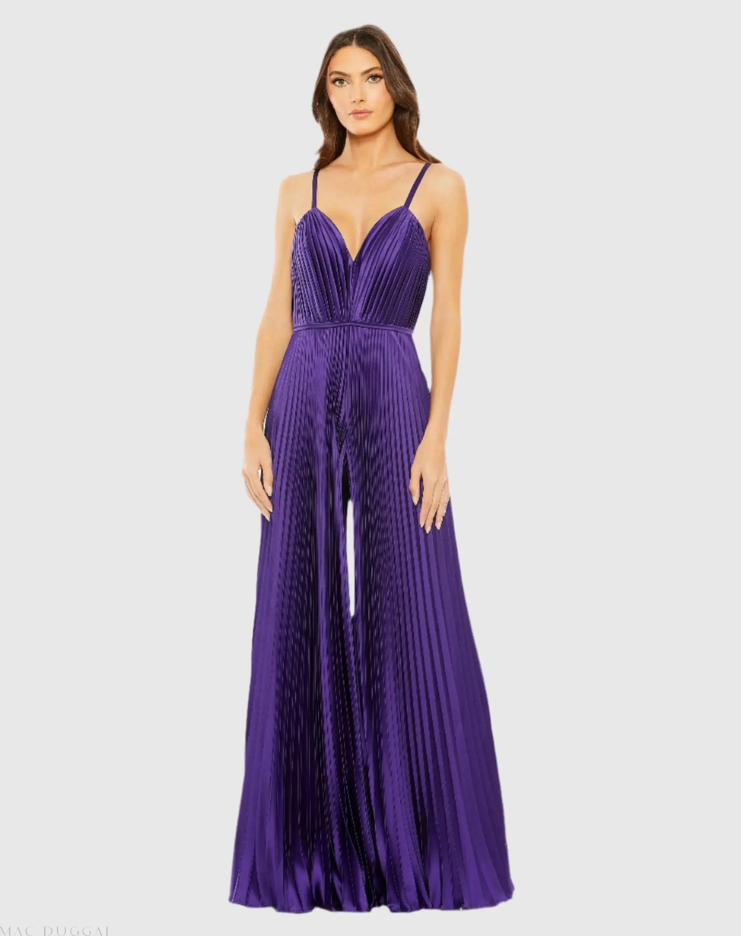 Purple Pleated Plunge Neck Wide Leg Jumpsuit - Mac Duggal Purple Pleated Plunge Neck Wide Leg Jumpsuit - Mac Duggal