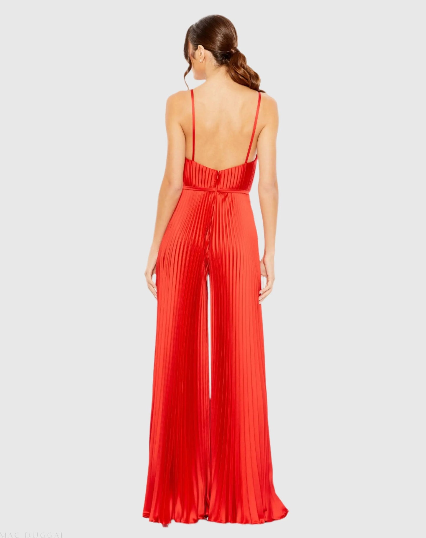 Red Pleated Plunge Neck Wide Leg Jumpsuit - Mac Duggal