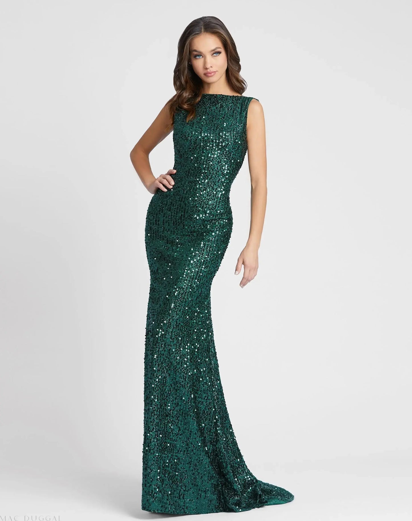 Green Cowl Back Boat Neck Sequined Evening Gown - Mac Duggal