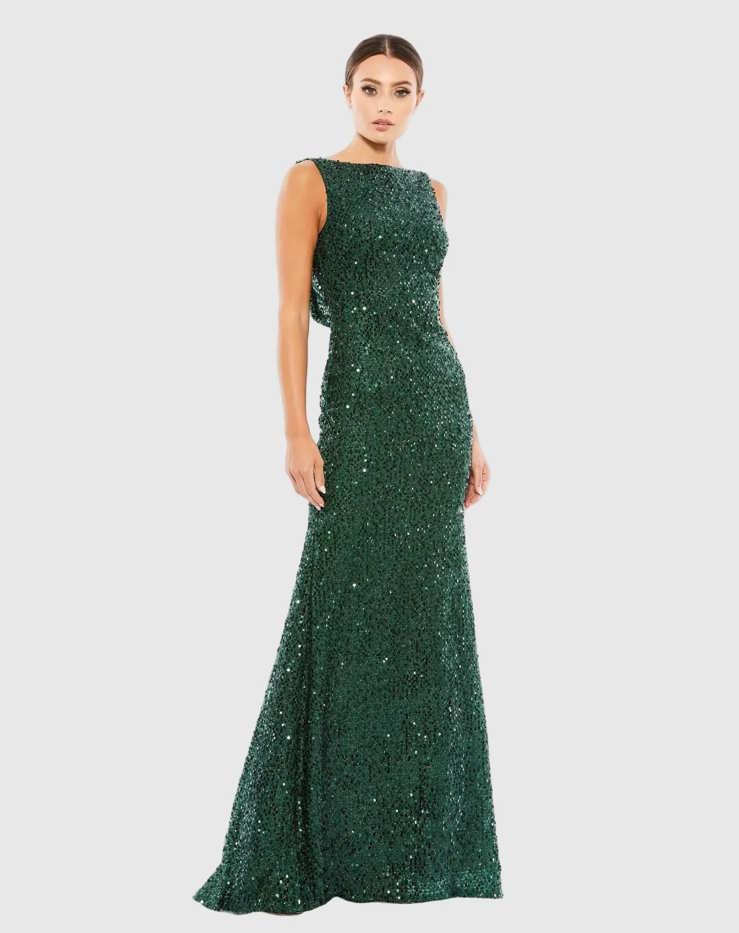 Green Cowl Back Boat Neck Sequined Evening Gown - Mac Duggal