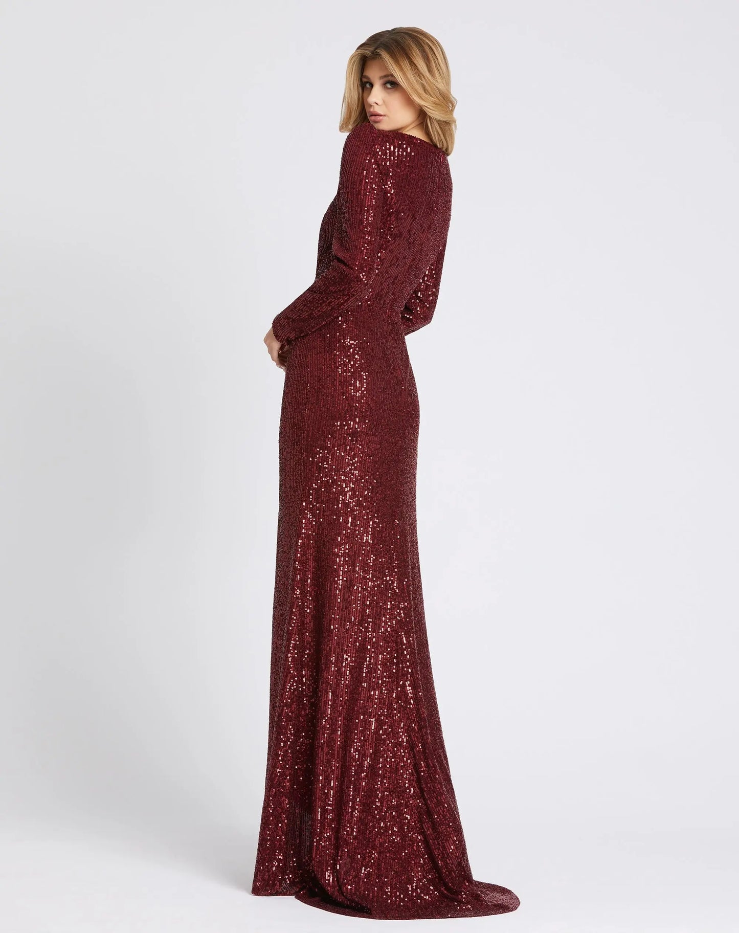 Red Faux Wrap Long Sleeve Sequin Gown - Ieena for Mac Duggal