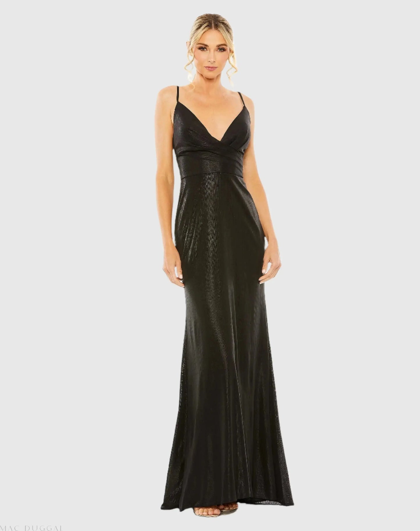 Black Metallic Faux Wrap Spaghetti Strap Gown - Ieena for Mac Duggal