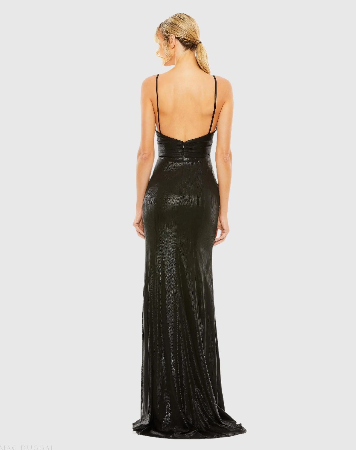 Black Metallic Faux Wrap Spaghetti Strap Gown - Ieena for Mac Duggal