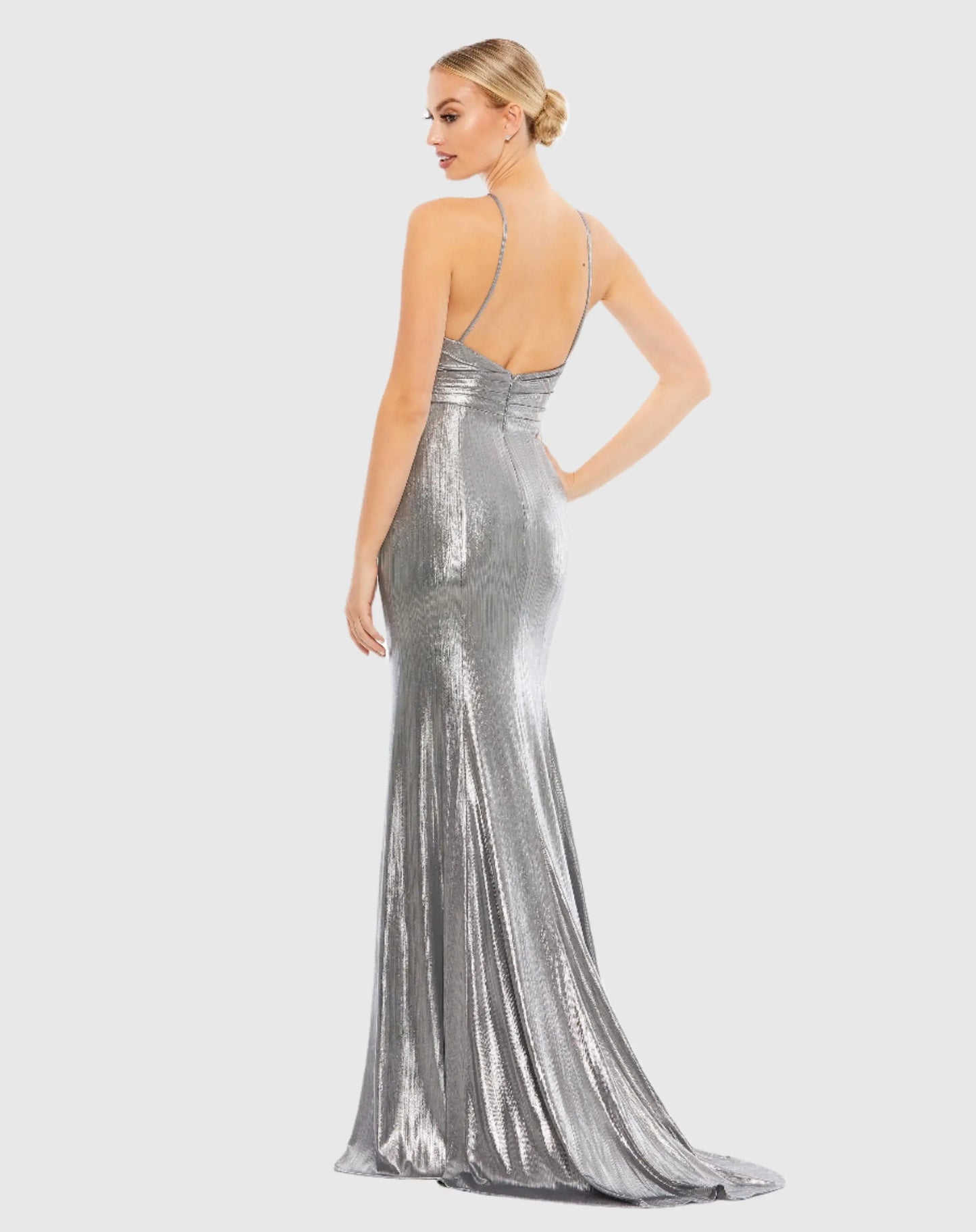 Silver Metallic Faux Wrap Spaghetti Strap Gown - Ieena for Mac Duggal