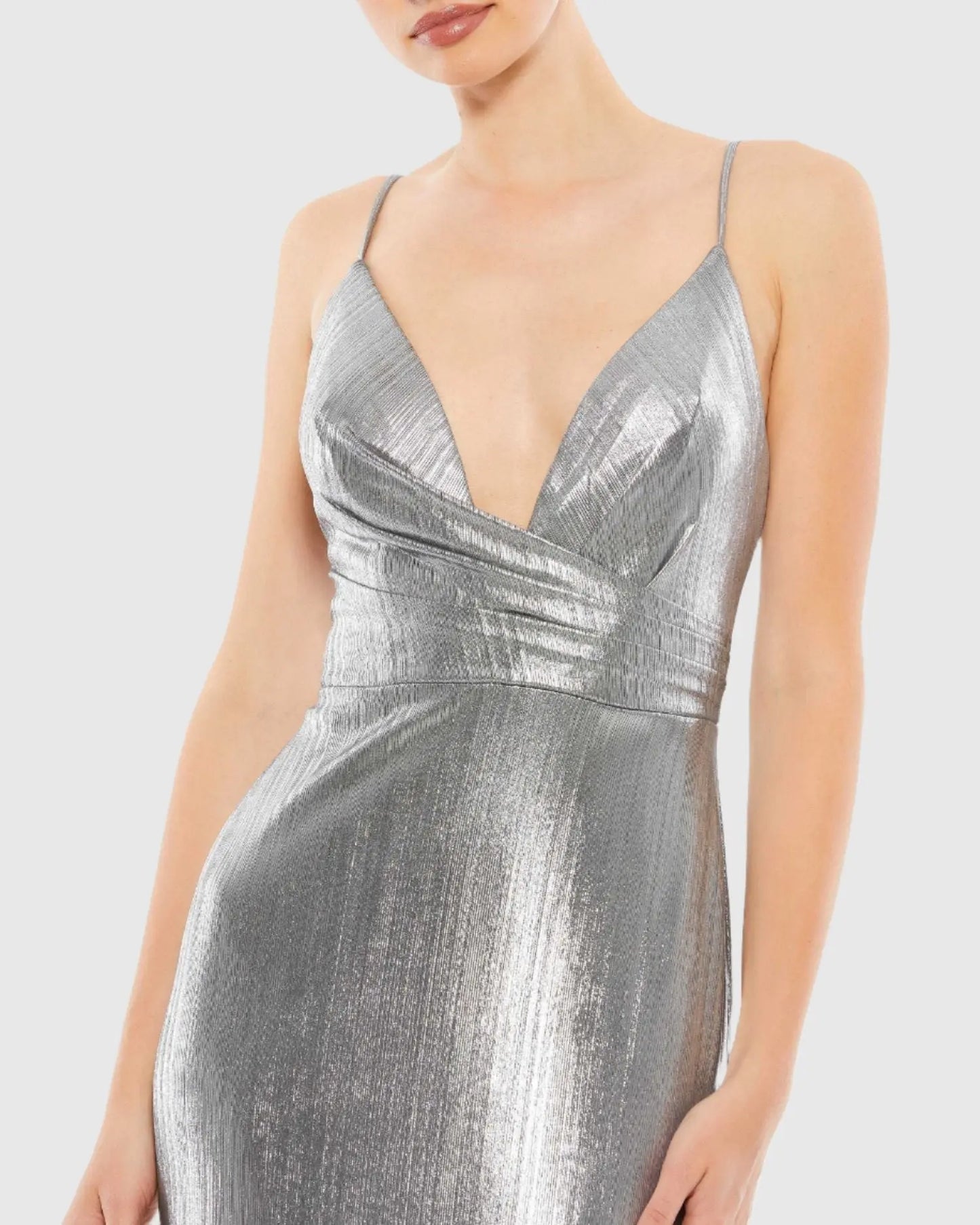 Silver Metallic Faux Wrap Spaghetti Strap Gown - Ieena for Mac Duggal