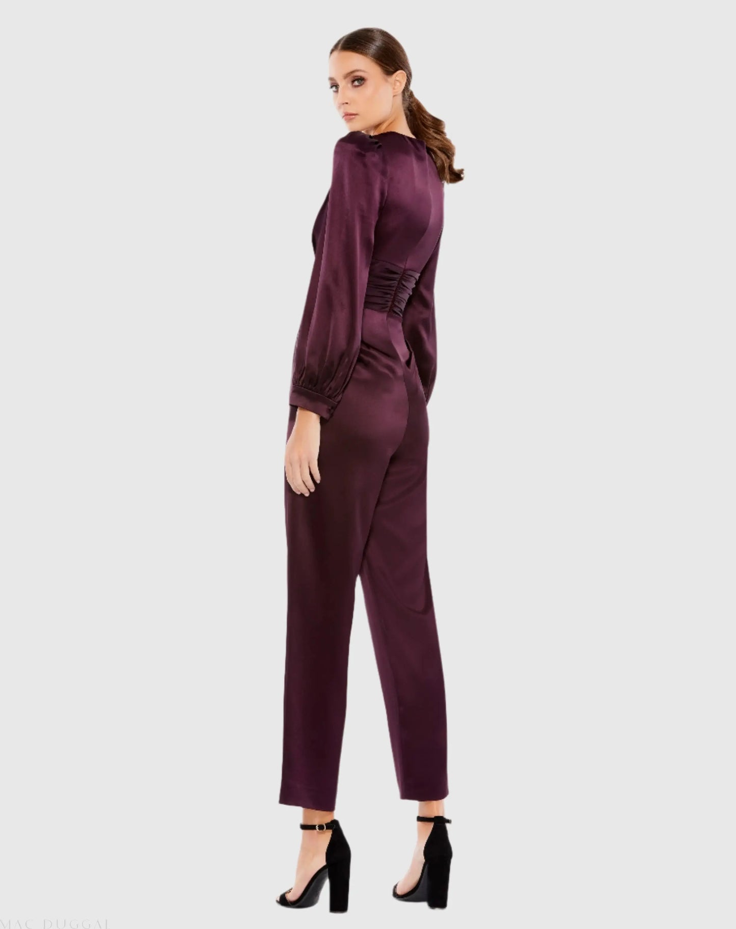 Purple Front Twist Puff Sleeve Deep V Jumpsuit - Ieena for Mac Duggal