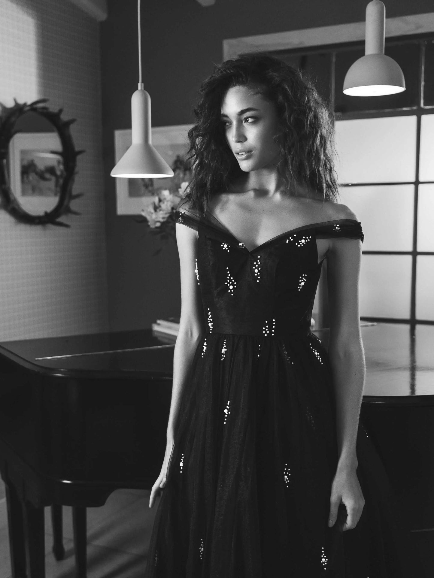 Black Off The Shoulder Embellished Tulle Cocktail Dress - Ieena for Mac Duggal