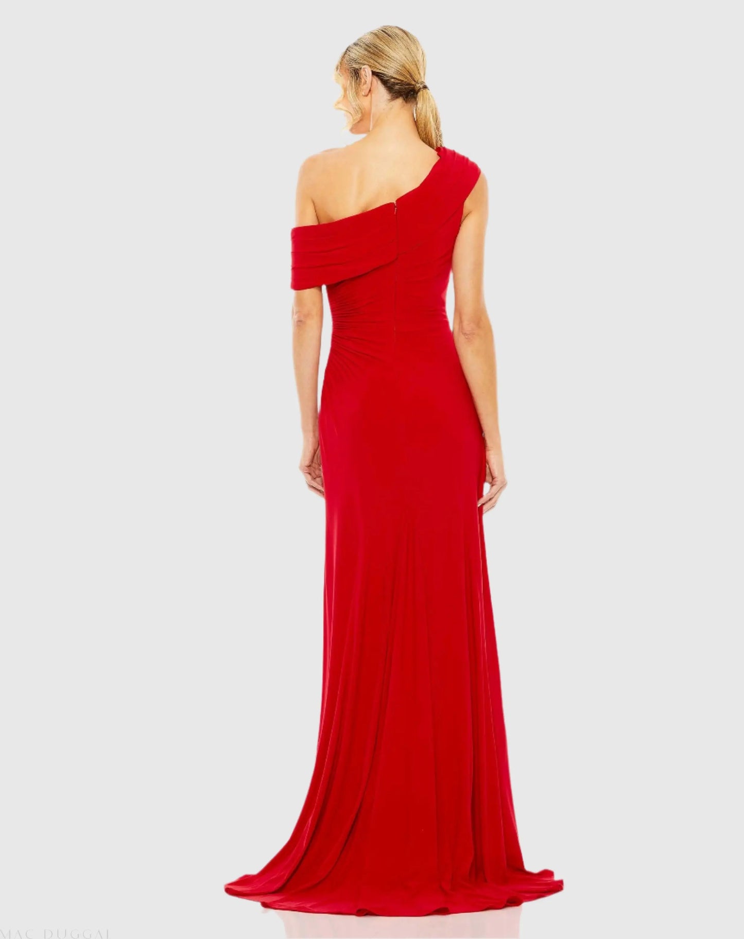Red Foldover Off-the-Shoulder Slit Gown - Ieena for Mac Duggal