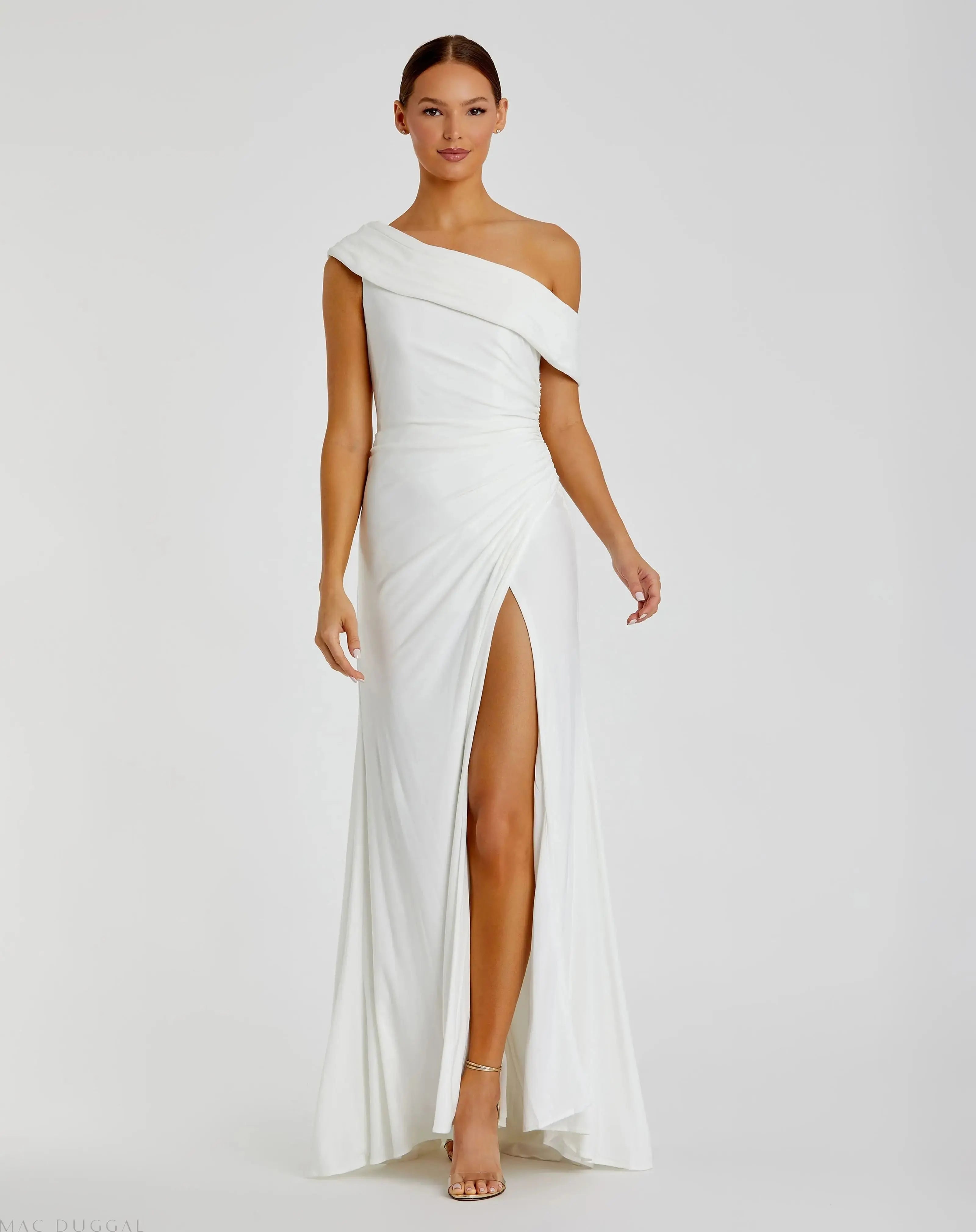 White Foldover Off-the-Shoulder Slit Gown White Foldover Off-the-Shoulder Slit Gown