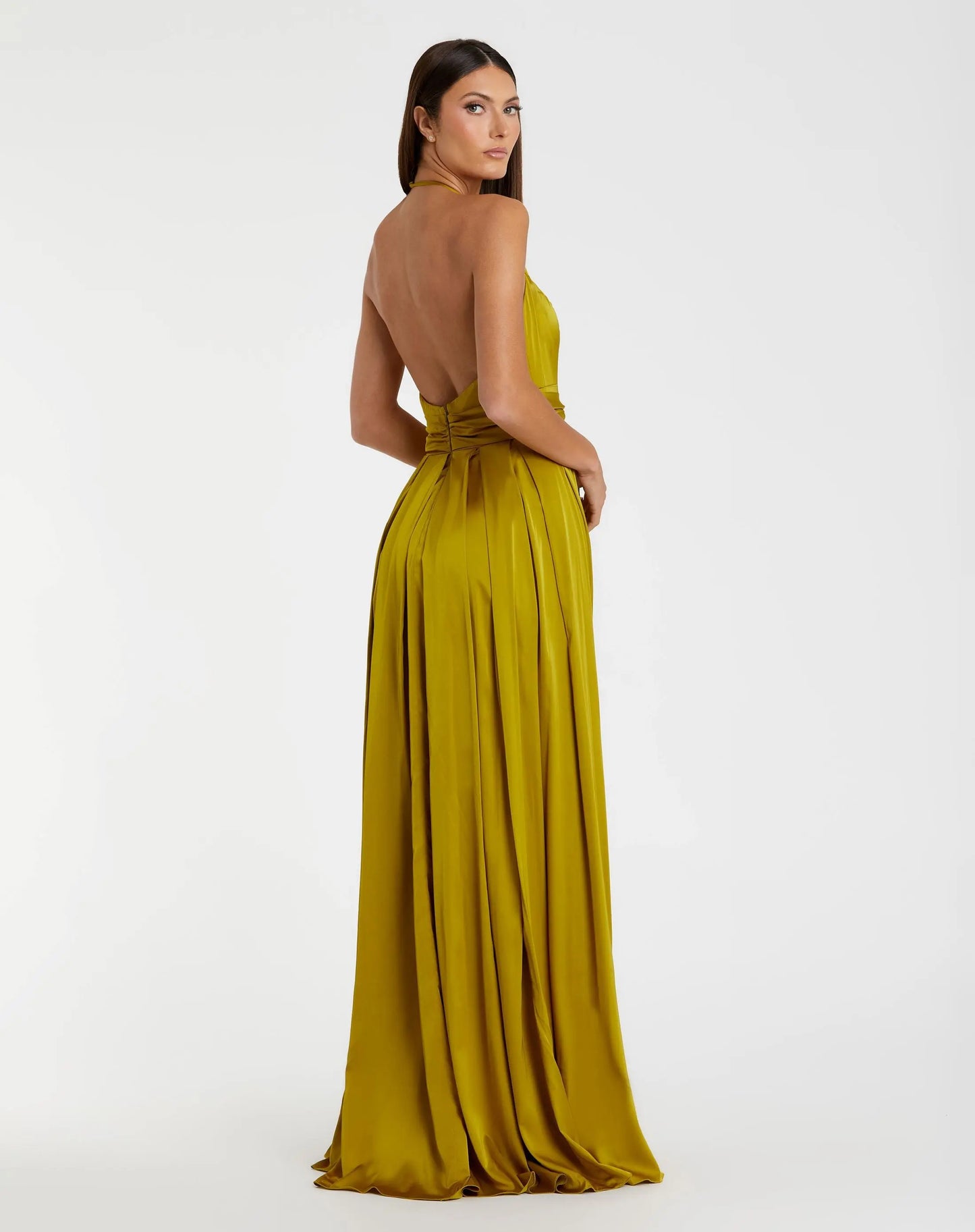 Green Charmeuse Halter Strap Soft Tie Waist Gown - Mac Duggal