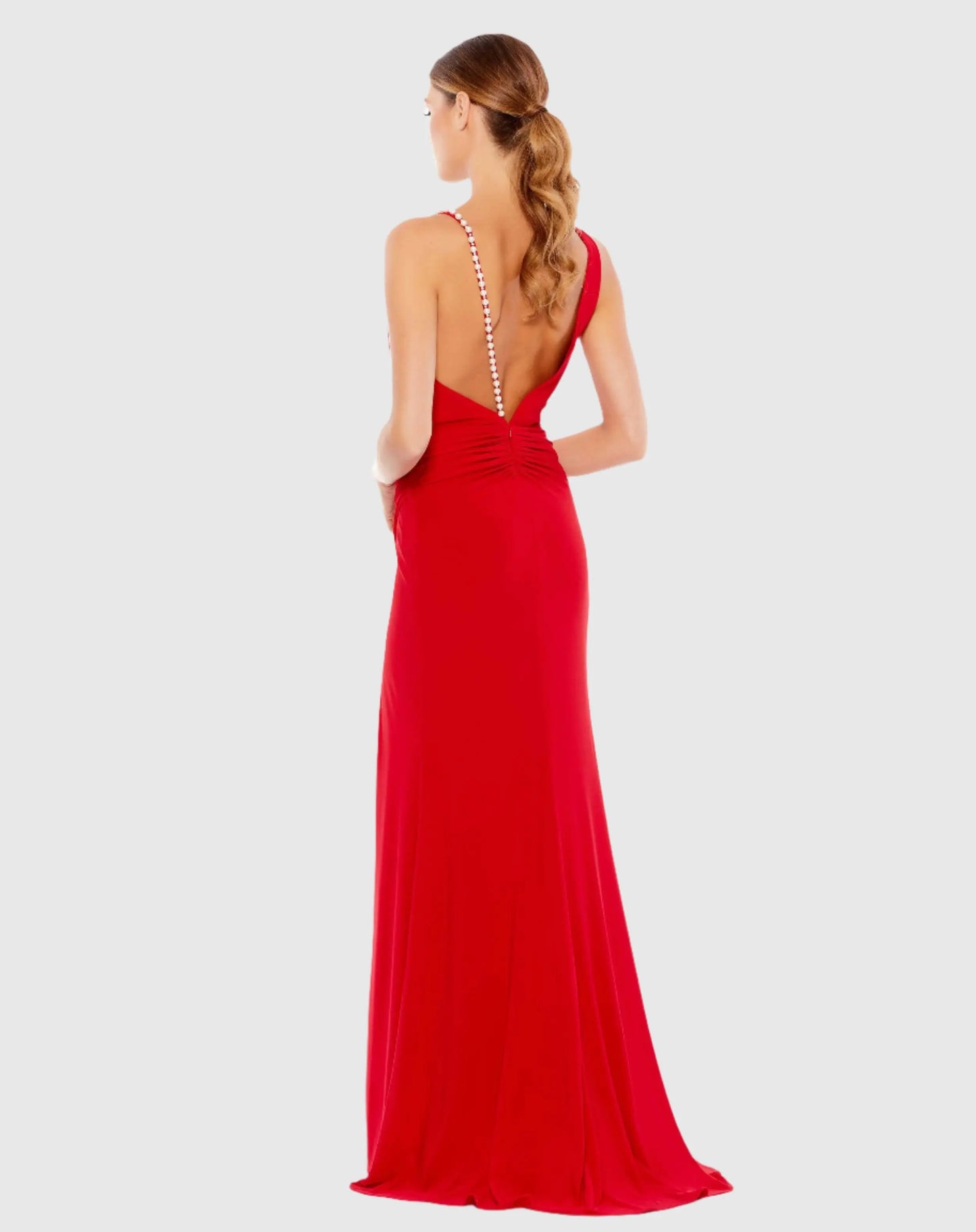 Red Faux Wrap Pearl Strap Gown Ieena for Mac Duggal