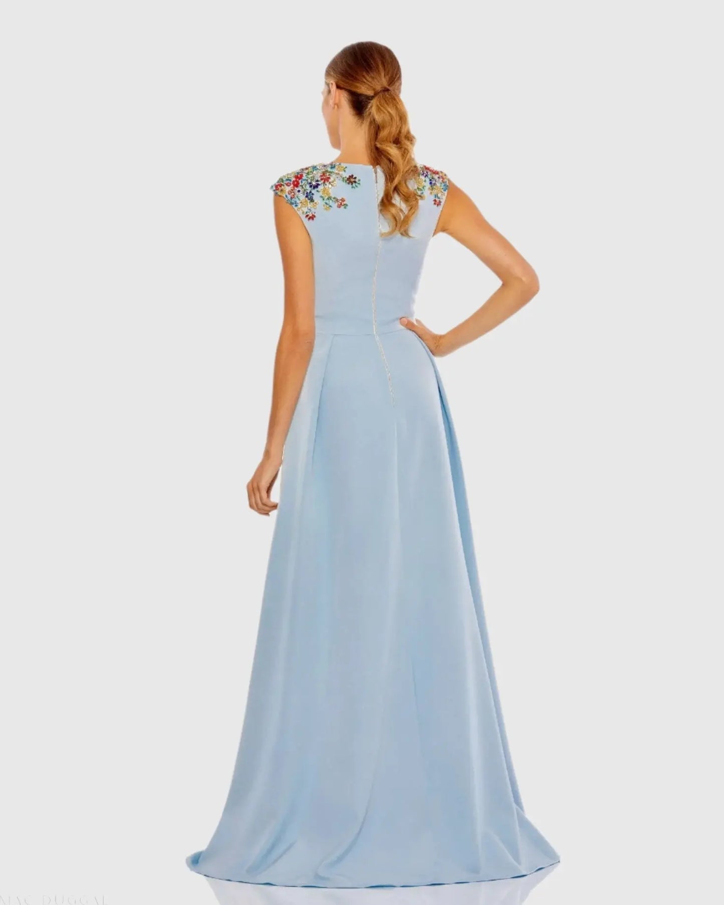 Dark Blue Beaded Cap Sleeve V Neck A Line Gown - Mac Duggal
