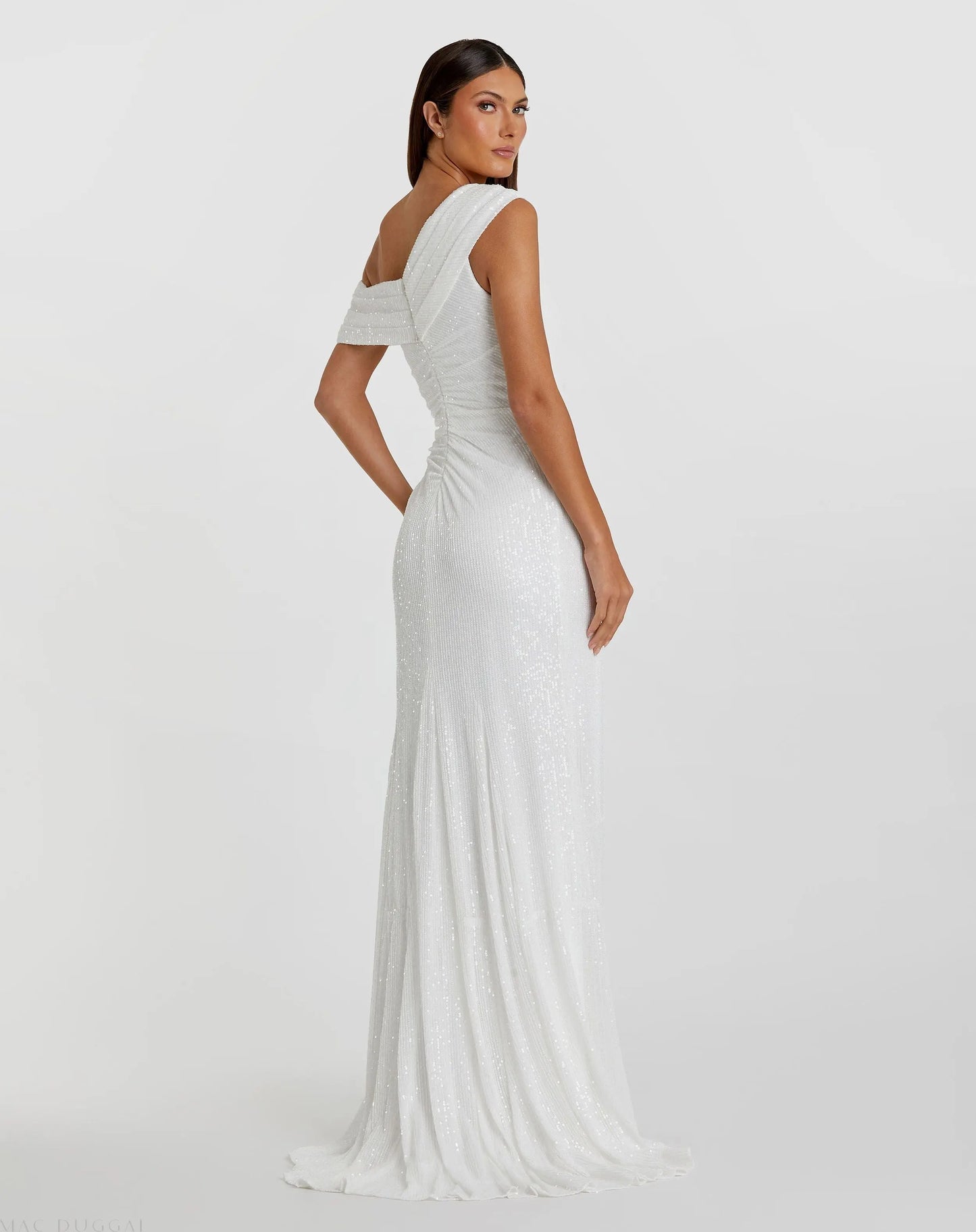 White Sequined Drop Shoulder Gown - FINAL SALE - Mac Duggal