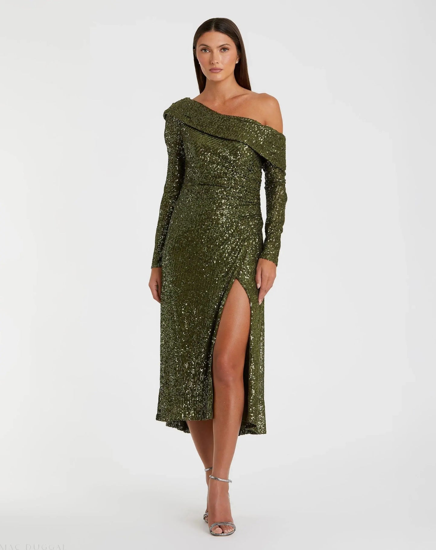 One Shoulder Sequin Long Sleeve Midi Dress - Mac Duggal