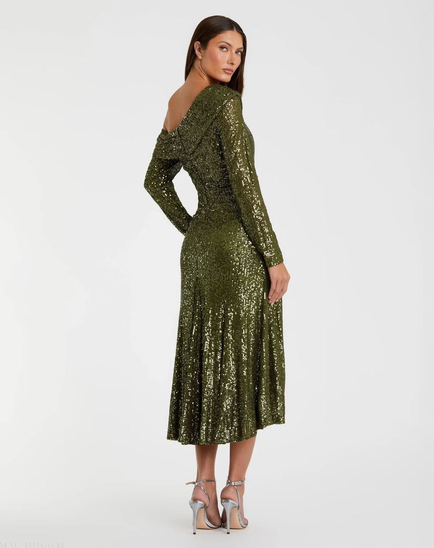One Shoulder Sequin Long Sleeve Midi Dress - Mac Duggal