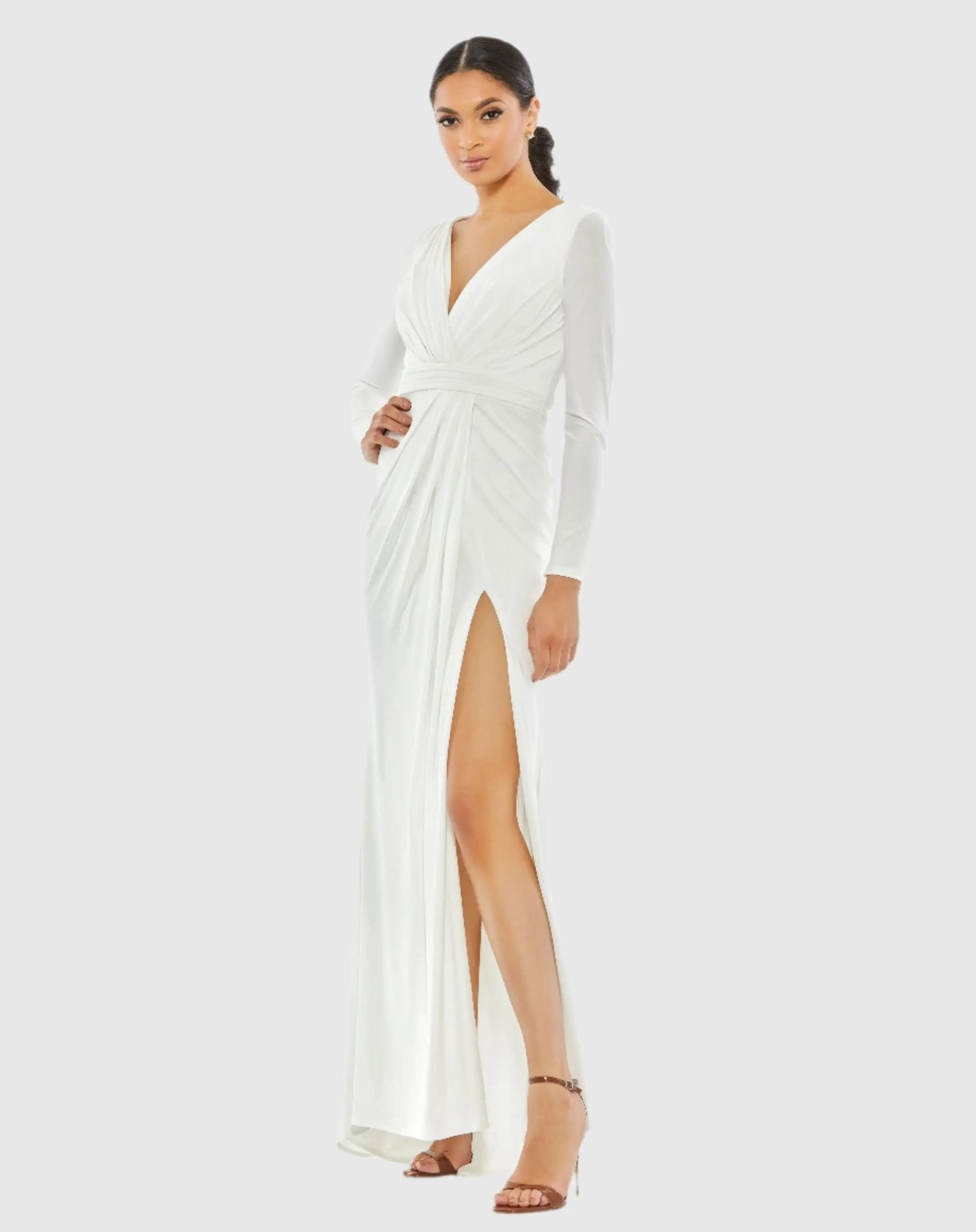 White V-Neck Long Sleeve High Slit Gown - Ieena for Mac Duggal