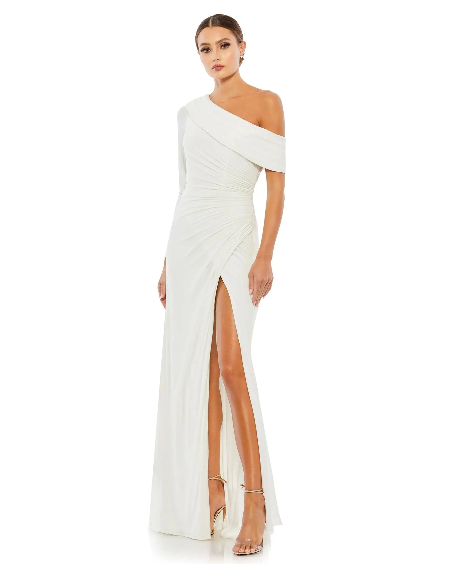 White Ruched Jersey Drop Shoulder Foldover Gown - Mac Duggal