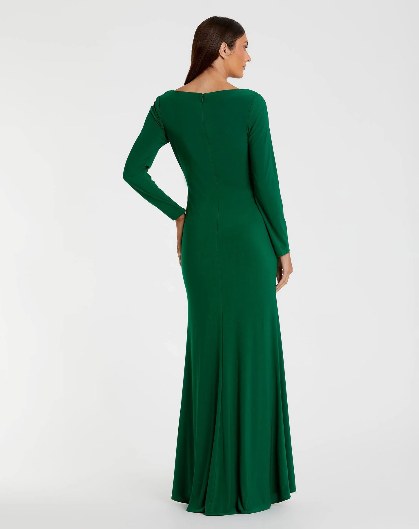 Green Long Sleeve Ruched Jersey V-Neck Gown - Ieena for Mac Duggal