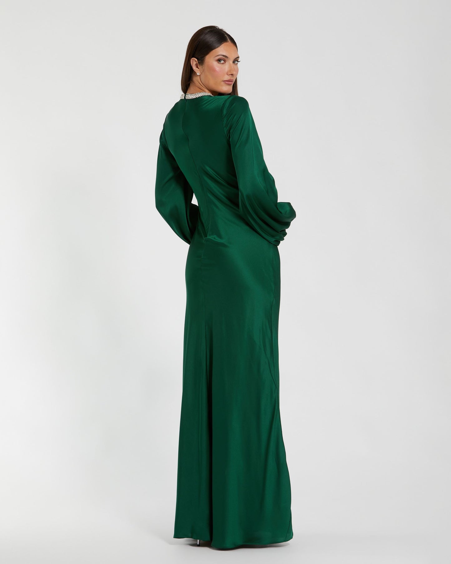 Emerald Beaded High Neck Bishop Sleeve Satin Gown Mac Duggal