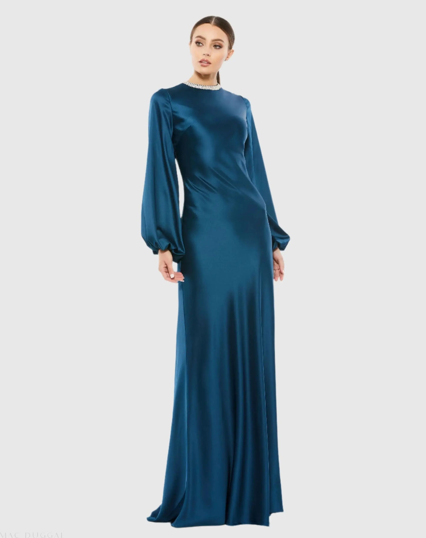 Blue Beaded High Neck Bishop Sleeve Satin Gown - Ieena for Mac Duggal