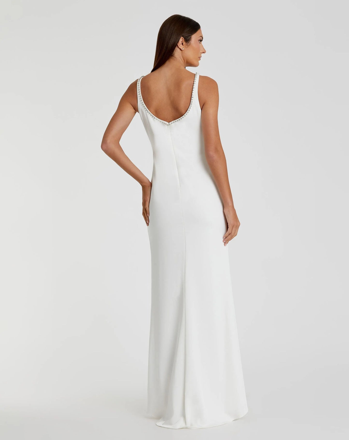 White Sleeveless Crystal Scoop Neckline Column Gown with High Slit - Mac Duggal