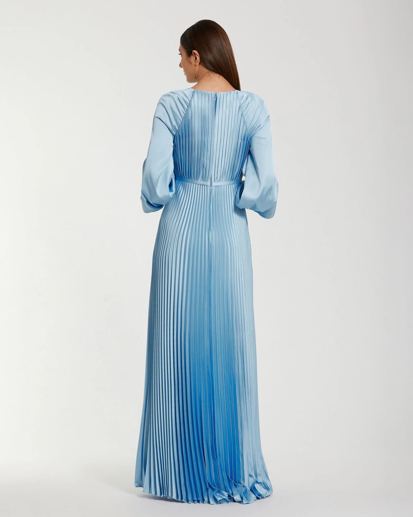 Blue Pleated High Neck Raglan Long Sleeve Side Slit Gown Ieena for Mac Duggal