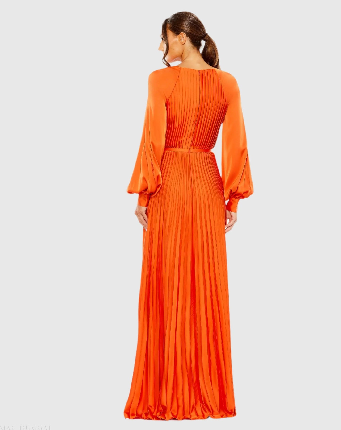 Orange Pleated High Neck Raglan Long Sleeve Side Slit Gown - Ieena for Mac Duggal