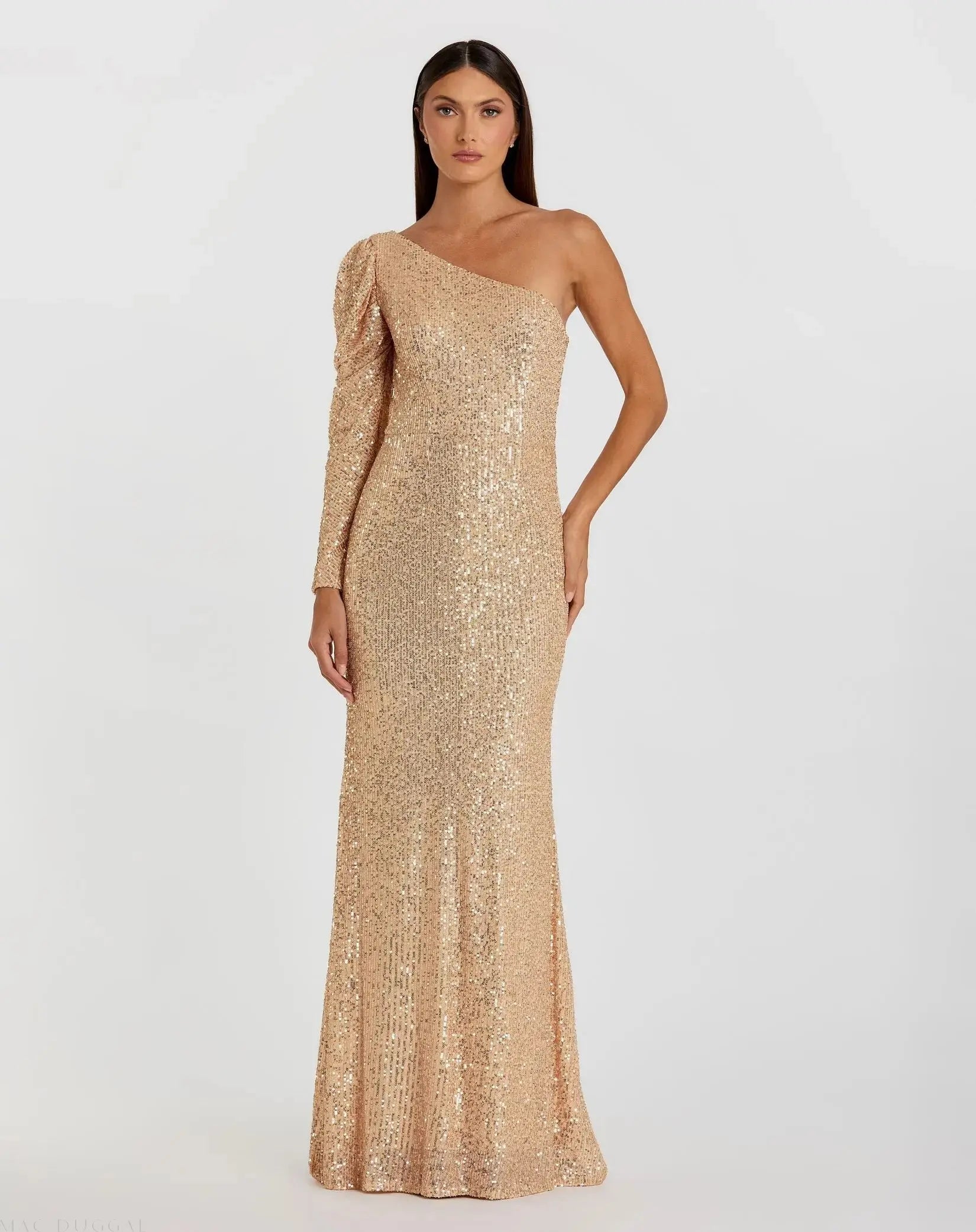 Gold Sequined One Shoulder Trumpet Gown - Mac Duggal Gold Sequined One Shoulder Trumpet Gown - Mac Duggal