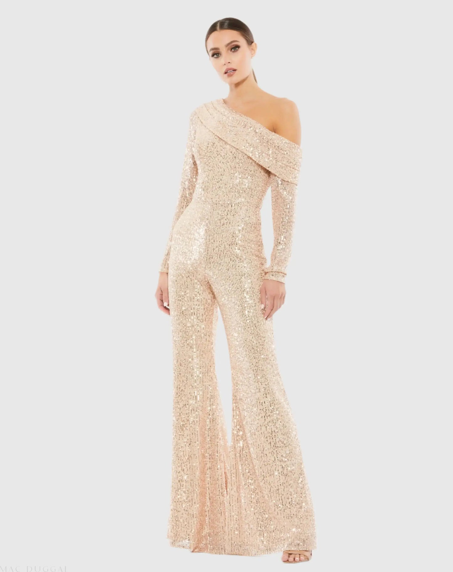 Gold Sequined Drop Shoulder Long Sleeve Jumpsuit - Mac Duggal