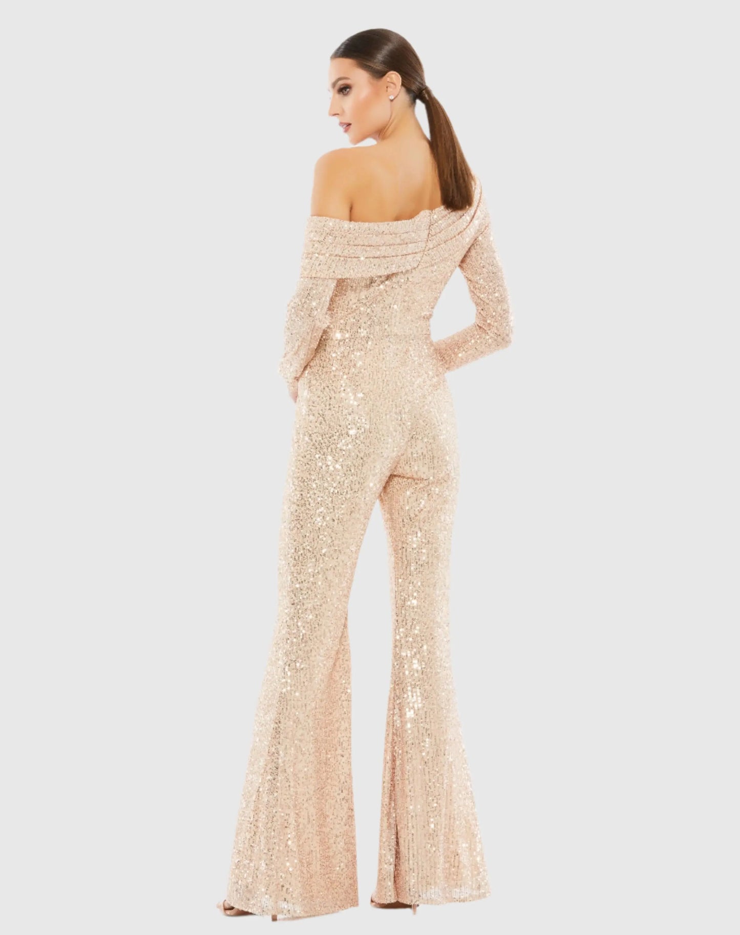Gold Sequined Drop Shoulder Long Sleeve Jumpsuit - Mac Duggal