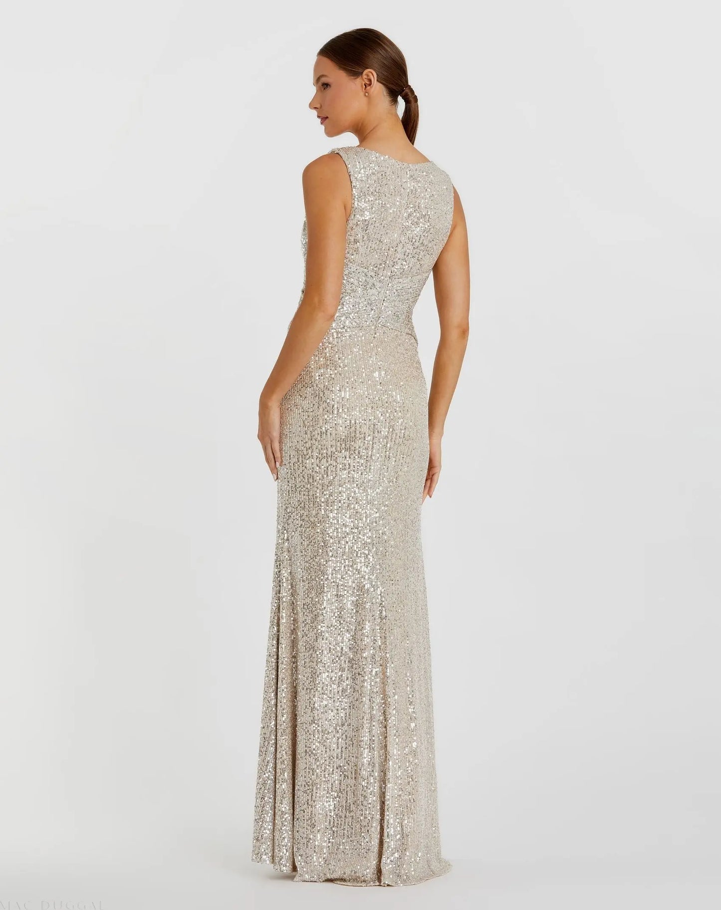 Silver V-Neck Sequin Wrap Waist Gown - Ieena for Mac Duggal