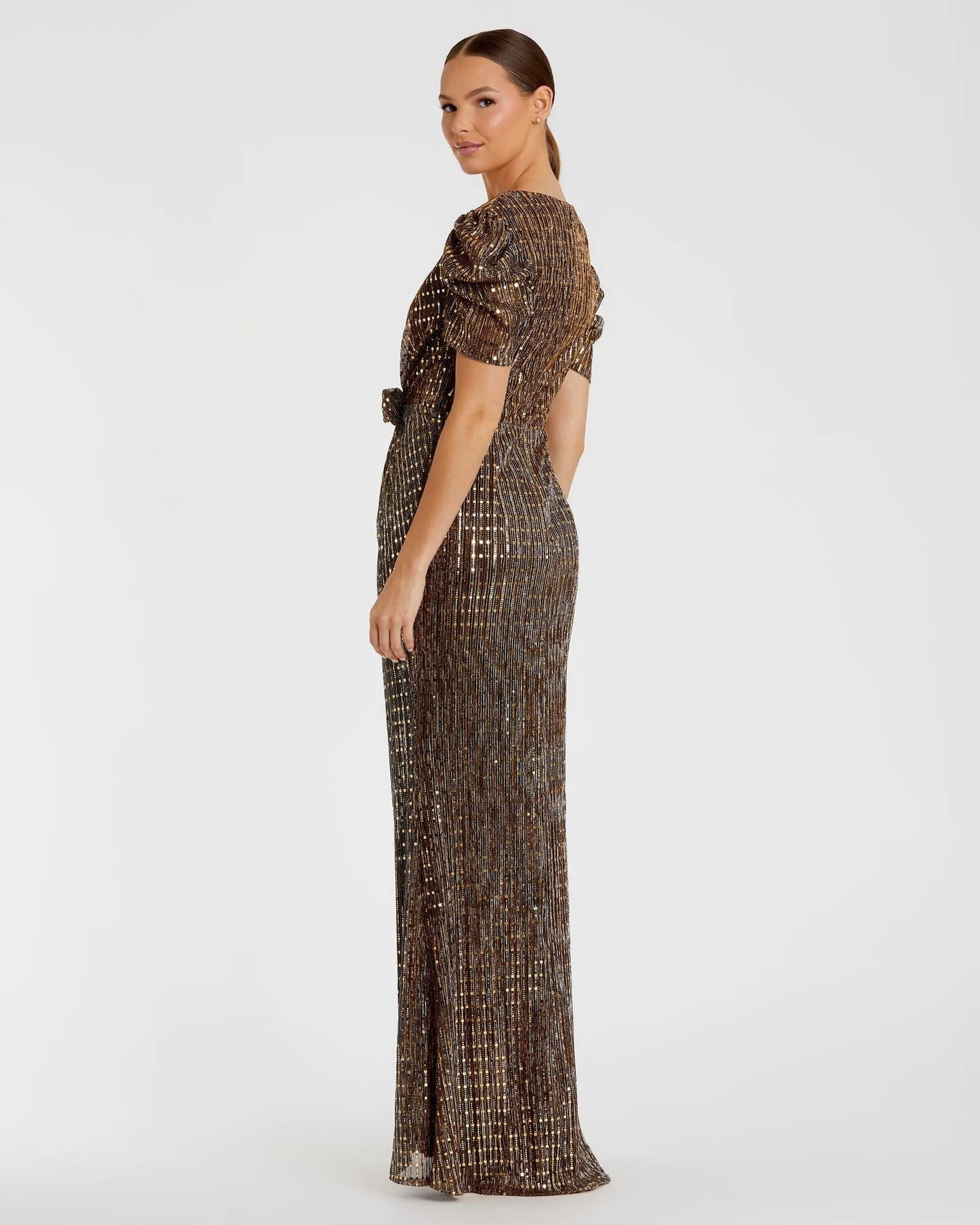 Brown Bow Waist Cap Sleeve Metallic Gown - Mac Duggal
