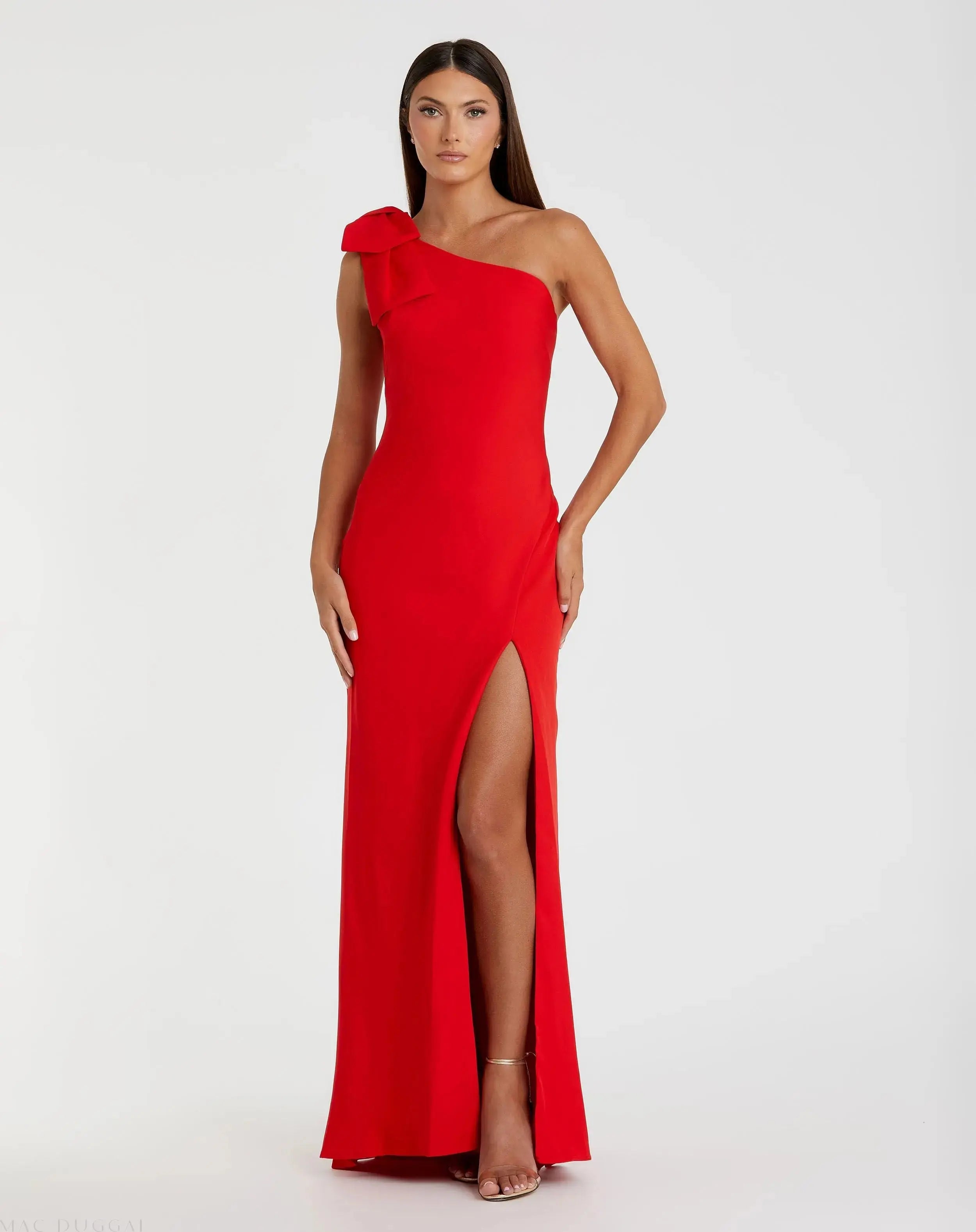 Red Crepe One Shoulder Bow Gown | Mac Duggal Red Crepe One Shoulder Bow Gown | Mac Duggal