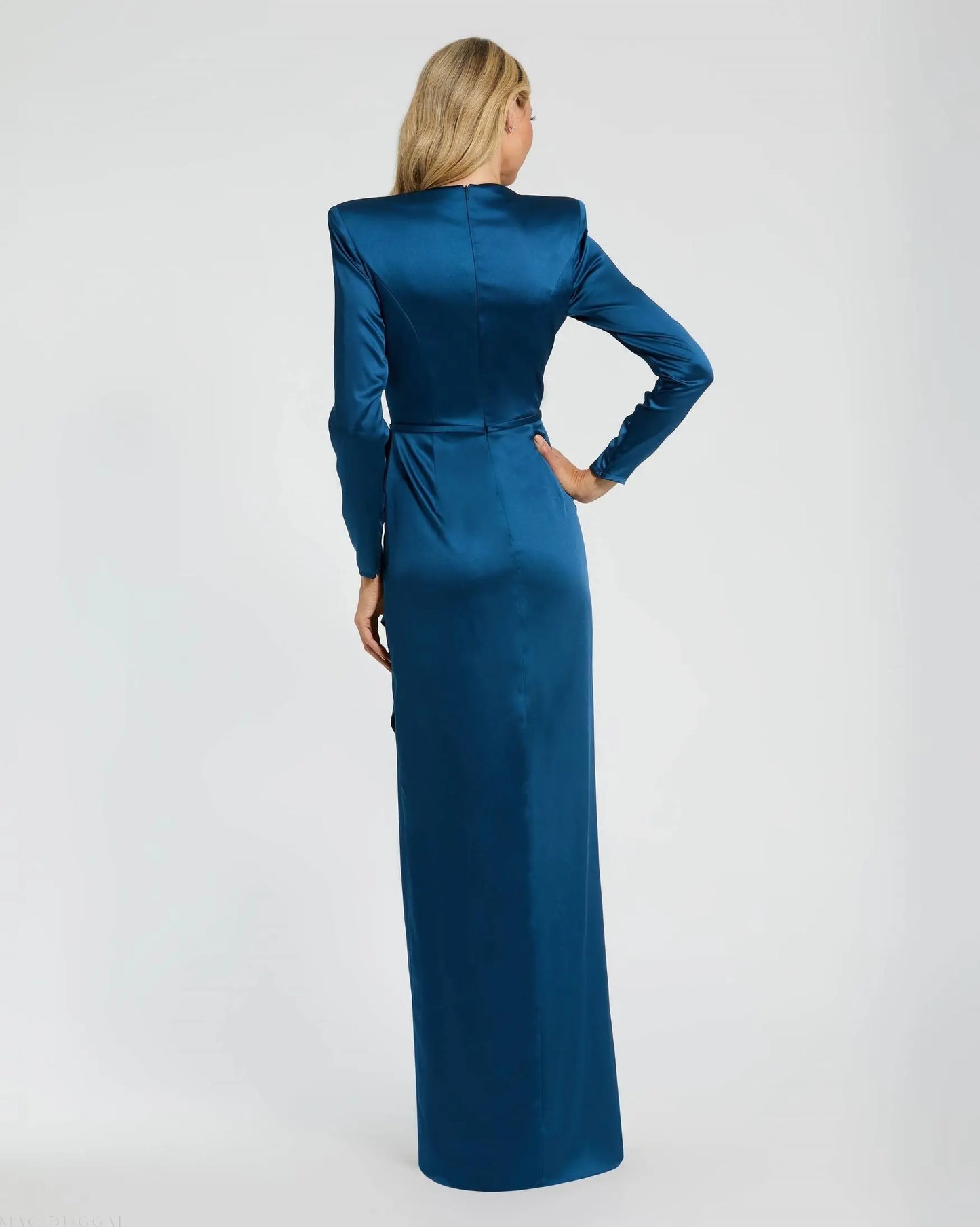 Blue Long Sleeve Satin Structured Bow Draped Column Gown - Ieena for Mac Duggal