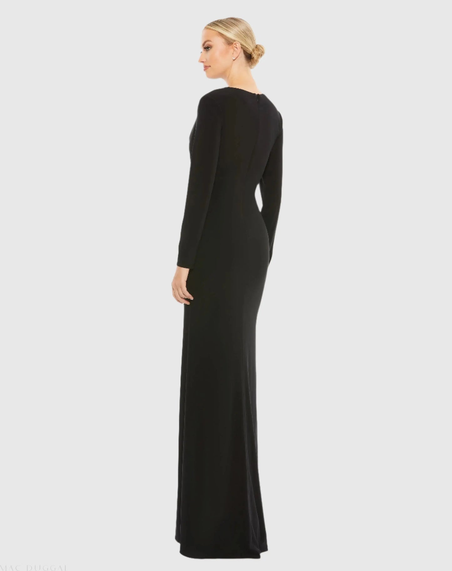 Black Jersey Long Sleeve Asymmetrical Ruched Gown - Mac Duggal