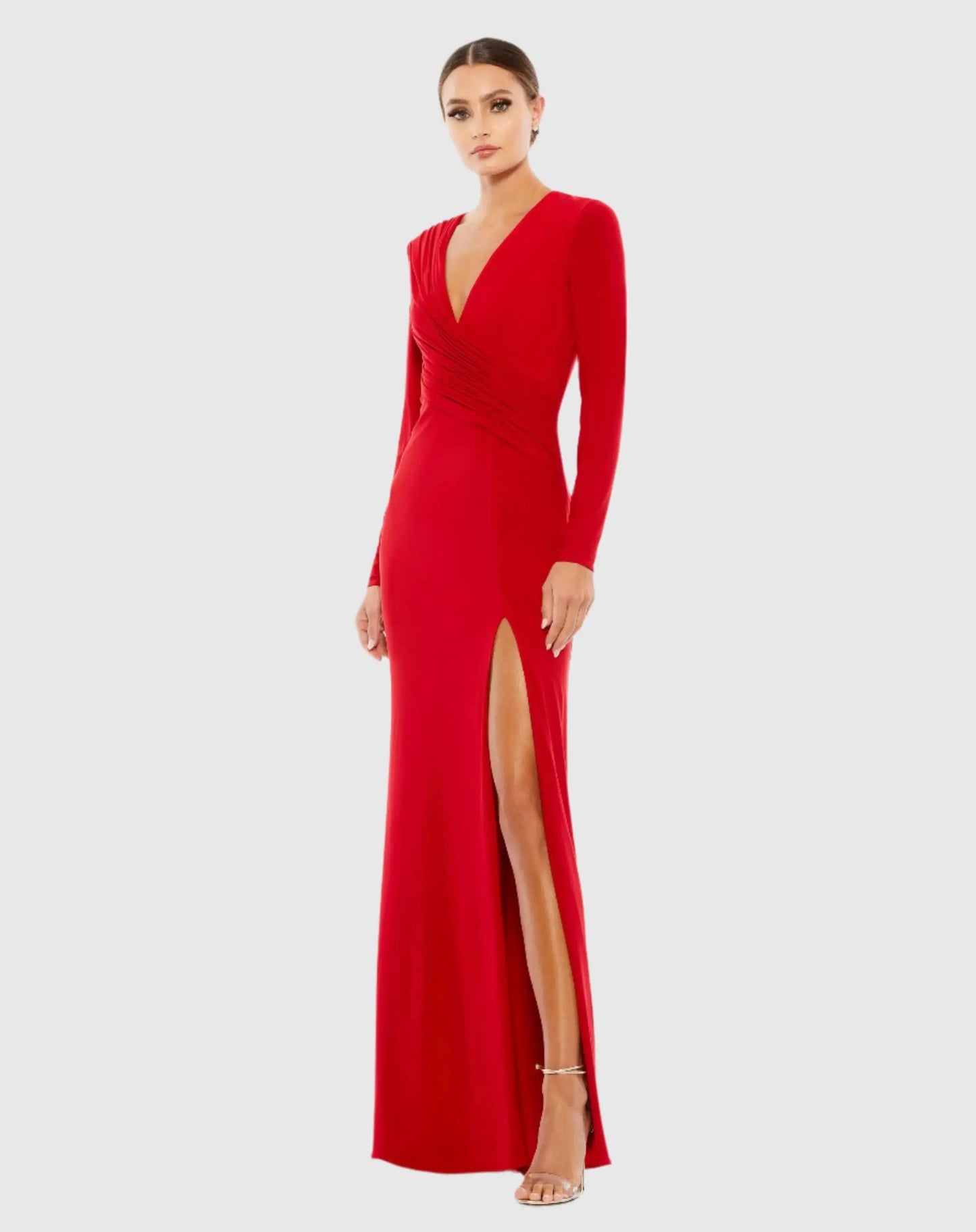 Red Jersey Long Sleeve Asymmetrical Ruched Gown - Mac Duggal