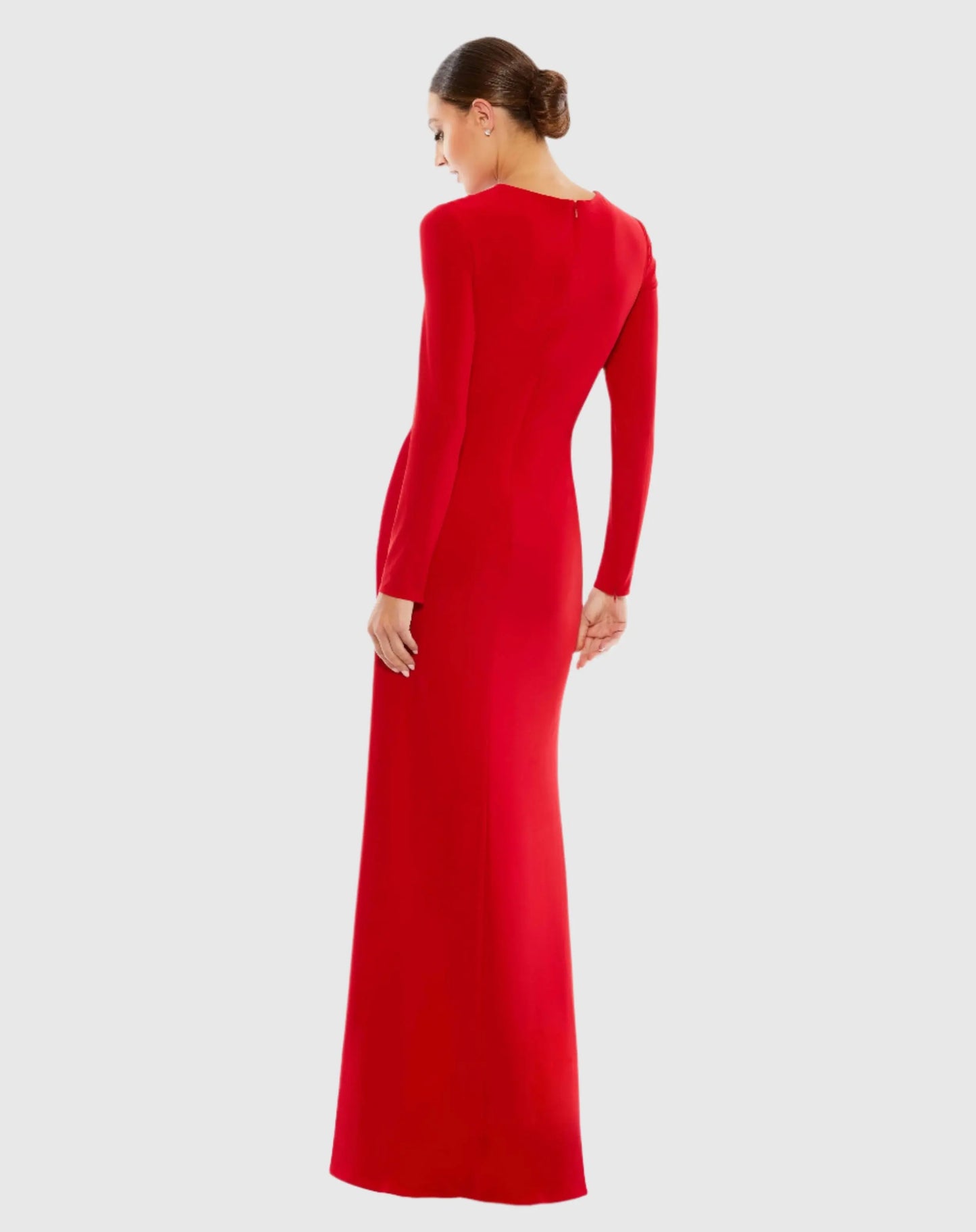Red Jersey Long Sleeve Asymmetrical Ruched Gown - Mac Duggal