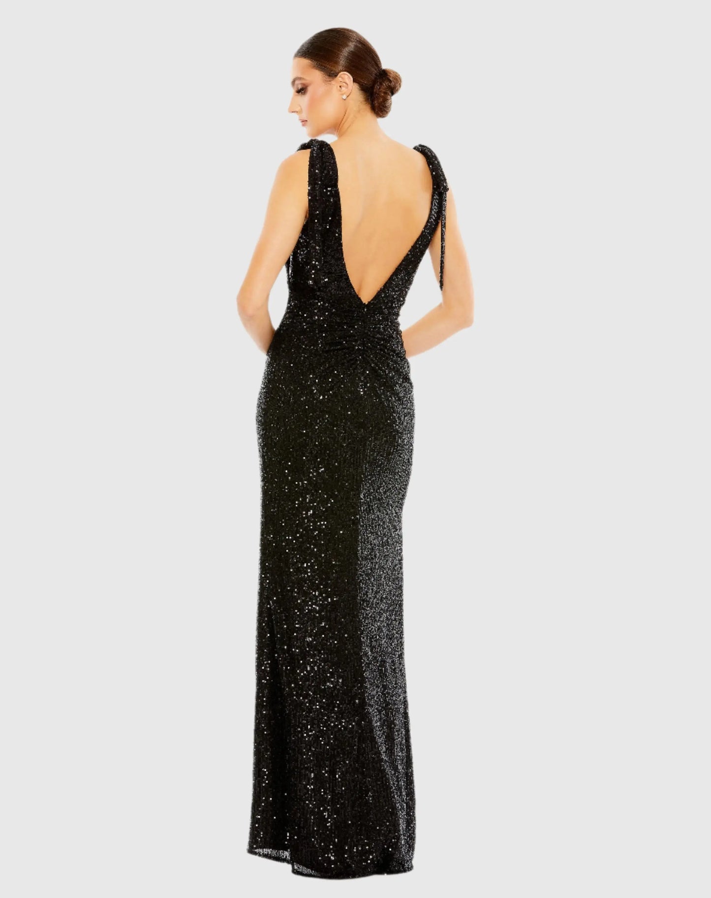 Black Sequined Low Back Bow Shoulder Gown - Mac Duggal